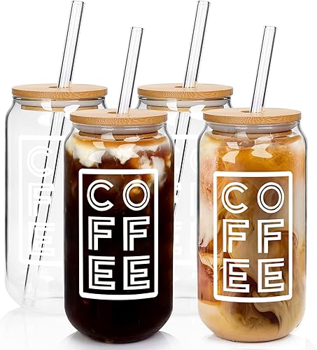 ANOTION Taza de café helado con tapas y pajilla, tazas de vidrio con cubierta de bambú, tazas de café de vidrio de 20 onzas, vasos de café