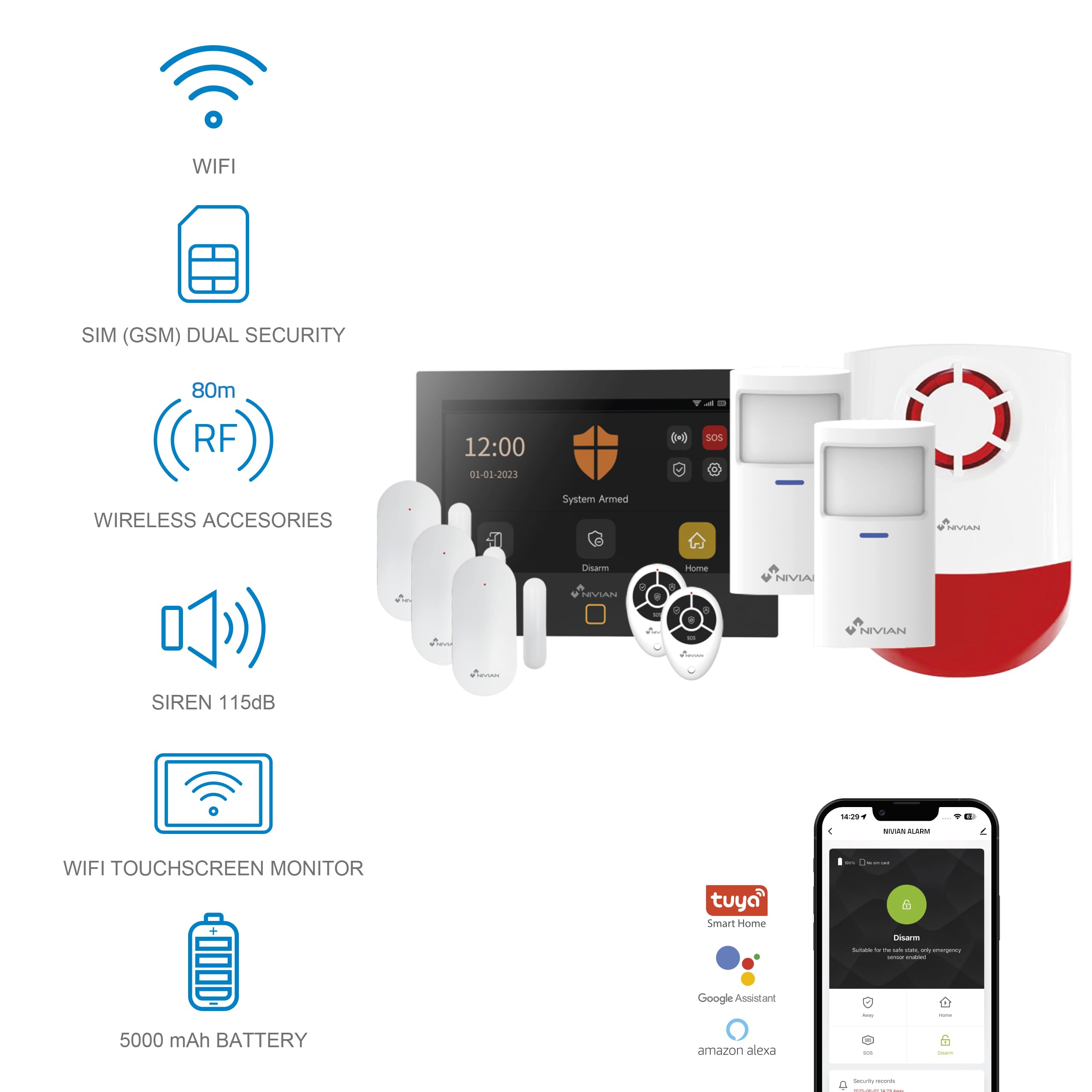 NIVIAN - Sistema de Alarma WiFi + gsm para Casa o Negocio | Control Desde App + SIM (SMS y Llamadas) | Kit Completo con Sirena, Sensores y Mando a Distancia | Anti sabotaje, Multiusuario