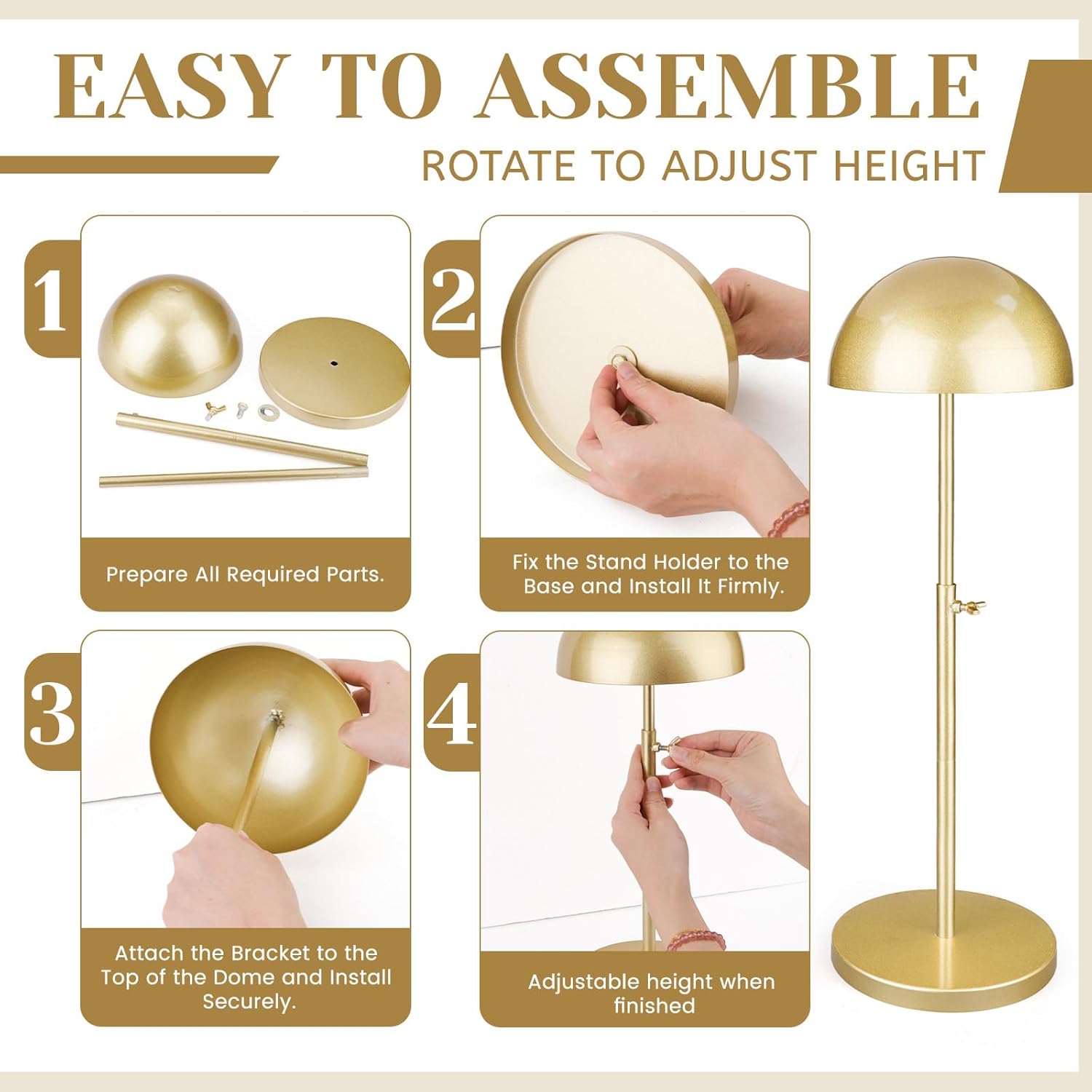 4PCS Hat Display Stand, Adjustable Hat Stands for Display 9.1-15.7 in, Hat Organizer for Closet, Metal Wig Holder for Hat Storage, Home Organization(Gold) (Gold)