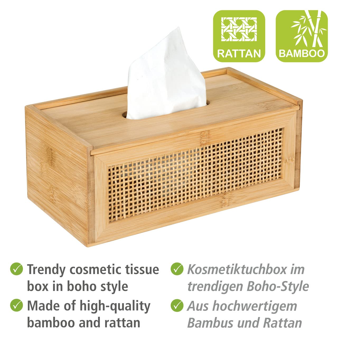 Wenko Contenitore per Salviette Cosmetiche Allegre, Box Decorativo per Salviette Cosmetiche O Fazzolettini, Intrecciato in Rattan e Bambù di Qualità Nel Trendy Boho-Style, 25 X 10 X 13 Cm, Naturale