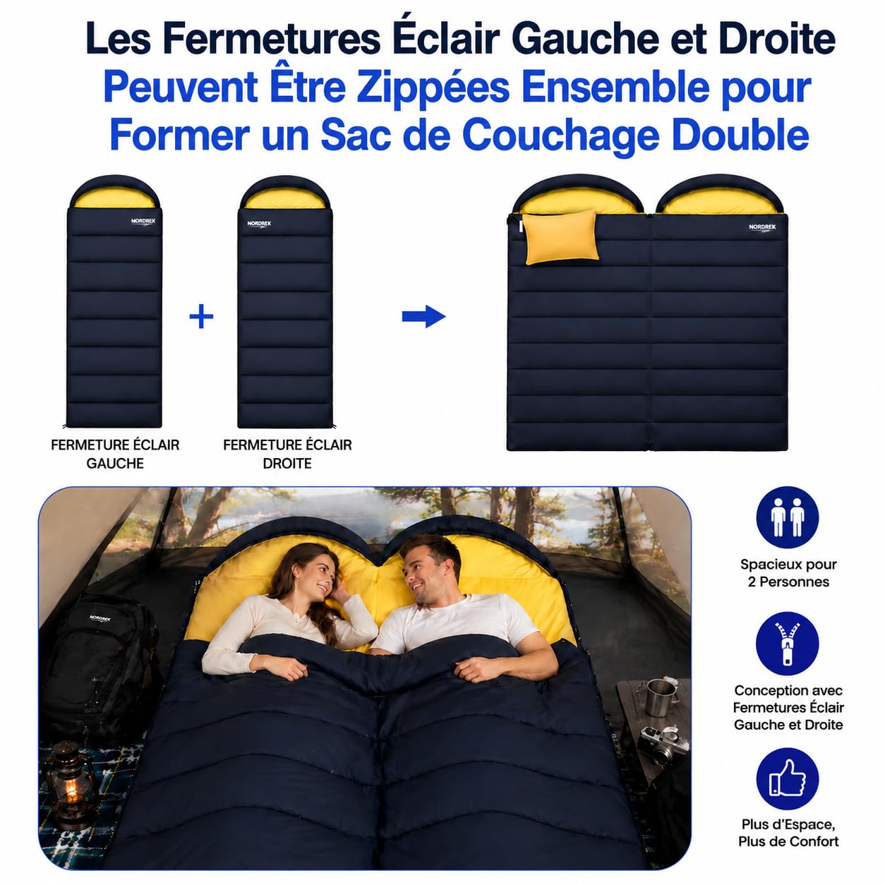 Sac de couchage 4 saisons, connectable, chaud, remplissage en fibre 3D, camping, randonnée, aventures en plein air