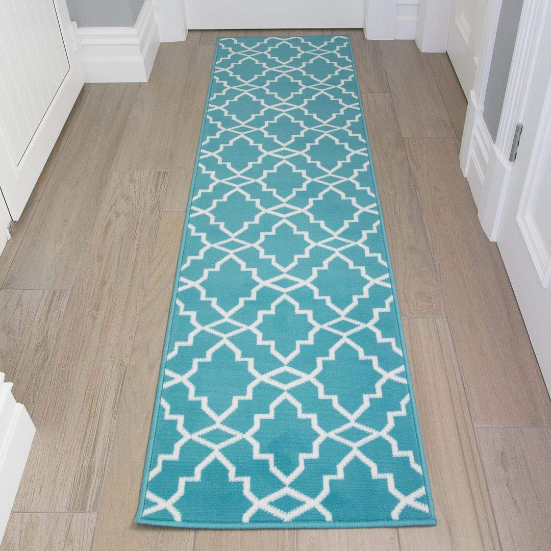 Teal Blue Moroccan Geometric Area Rug Runner Durable Trellis Living Room Bedroom Hallway Lounge Area Rugs 60cm x 230cm