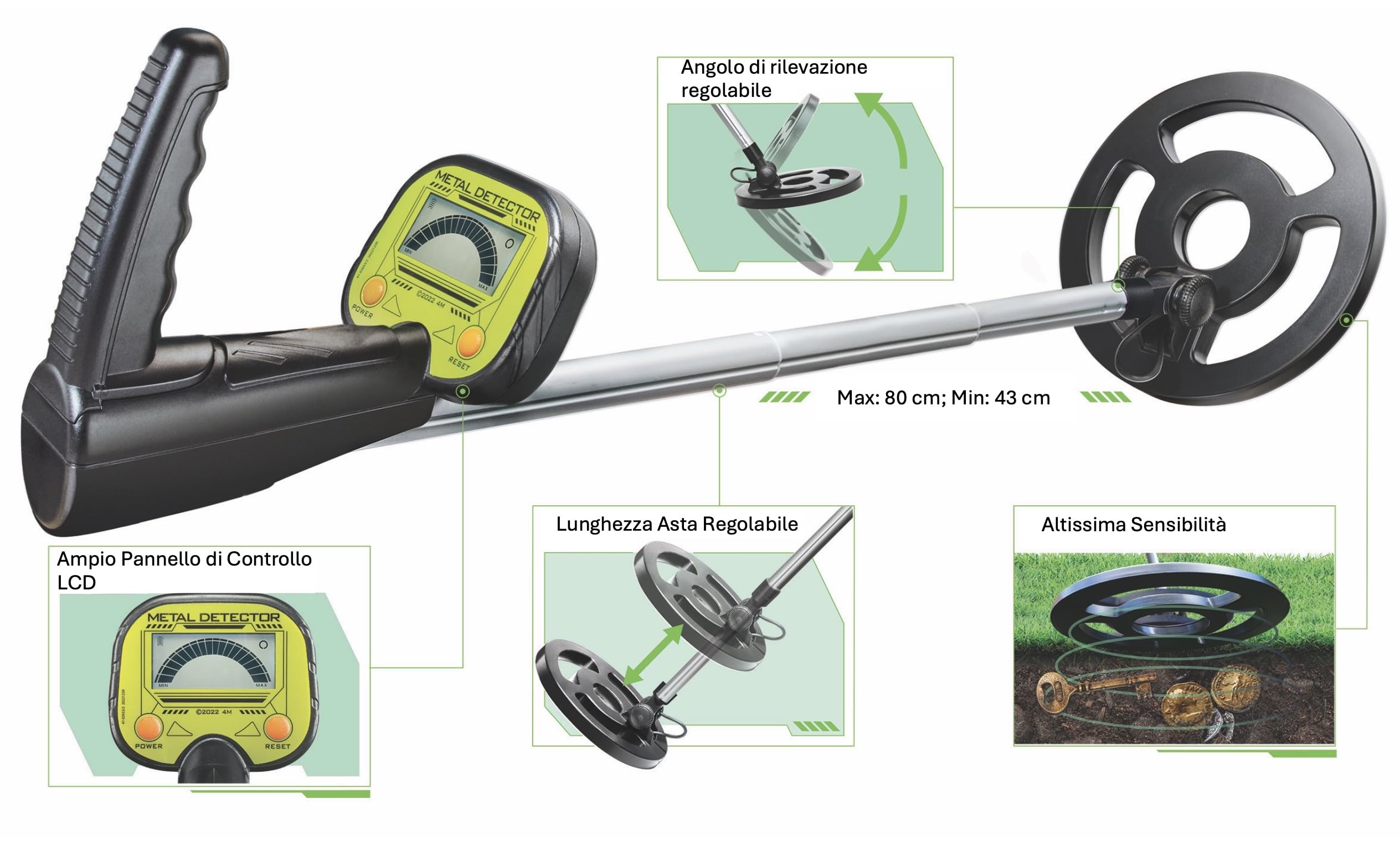 4M 00-03933 Metal Detector Alta Precisione Grande Display LCD Retroilluminato, Elevata Sensibiità, Asta Estensibile da 45 a 80 cm, Angolo rilevazione Regolabile, Kidult Adatto a Adulti e Ragazzi
