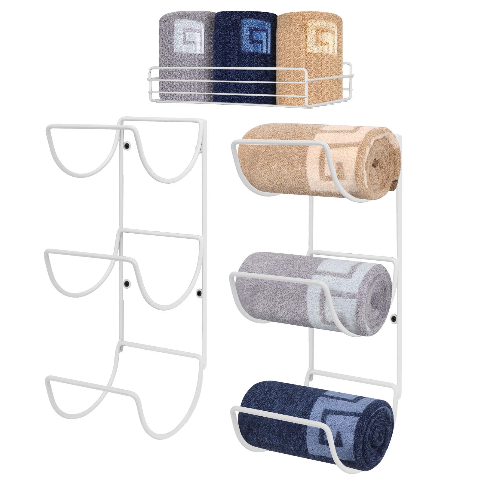 NearMoon Towel Rack Wall Mounted- All Metal Bathroom 2 Towel Rack Holders+ Hand Towel Storage Basket, Rustproof 3 Level Wine Rack Organizer for Hand Towels, Washcloths, 2+1 Pack (White)