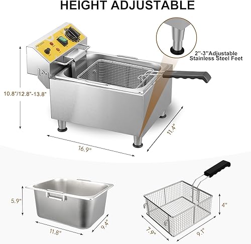 Miniatura 2 de Freidora grande con cesta y tapa, 10 L (10.6 cuartos de galón), freidora eléctrica 304SS para el hogar y comercial, freidoras de encimera,