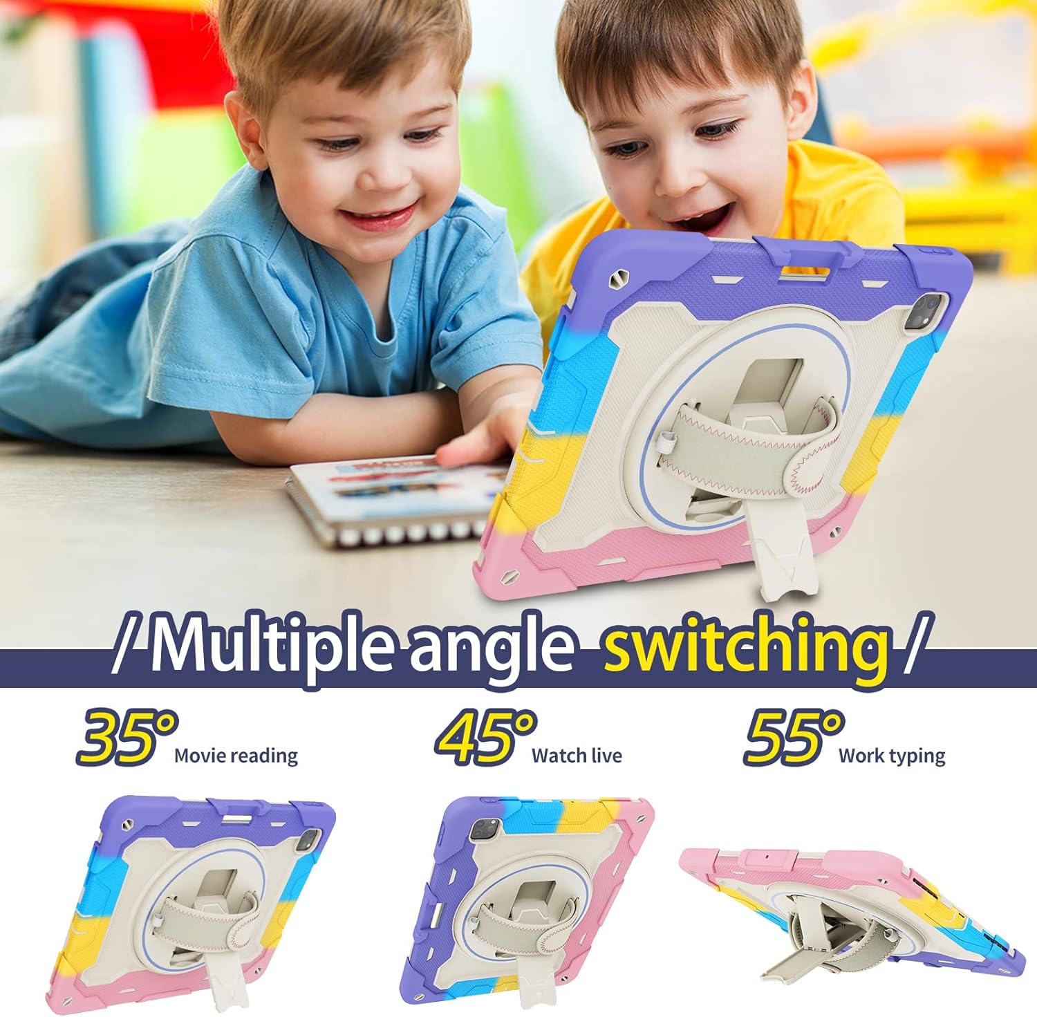 for iPad Pro 12.9 Case 2022 6th Generation,Rugged Shockproof Protective Silicone Cover for iPad Pro 12.9" 5th/4th/3rd Gen, W 360 Stand Hand Strap + Shoulder Strap,Colorful Pink