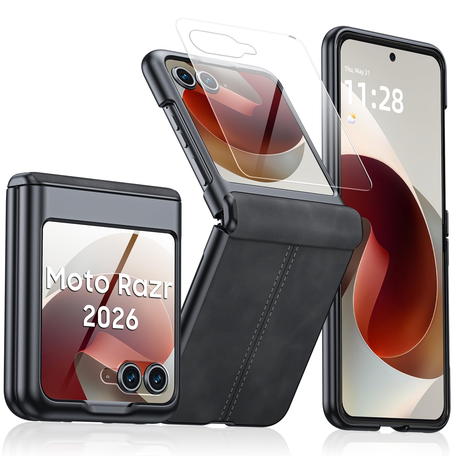 for Motorola Razr 2026 Case with Hinge Protection &amp; Built-in Outer Screen Protector, Ultra-Thin PU Leather Matte PC Shockproof Cover, Slim Protective Phone Case for Moto Razr 2026-Black Gray