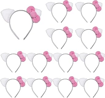 12PCS Kitty Cat Ears Headbands Kitty Birthday Decorations Hello Cat Party Favors with Pink Bow Birthday Party Costume Gifts for Girls Women