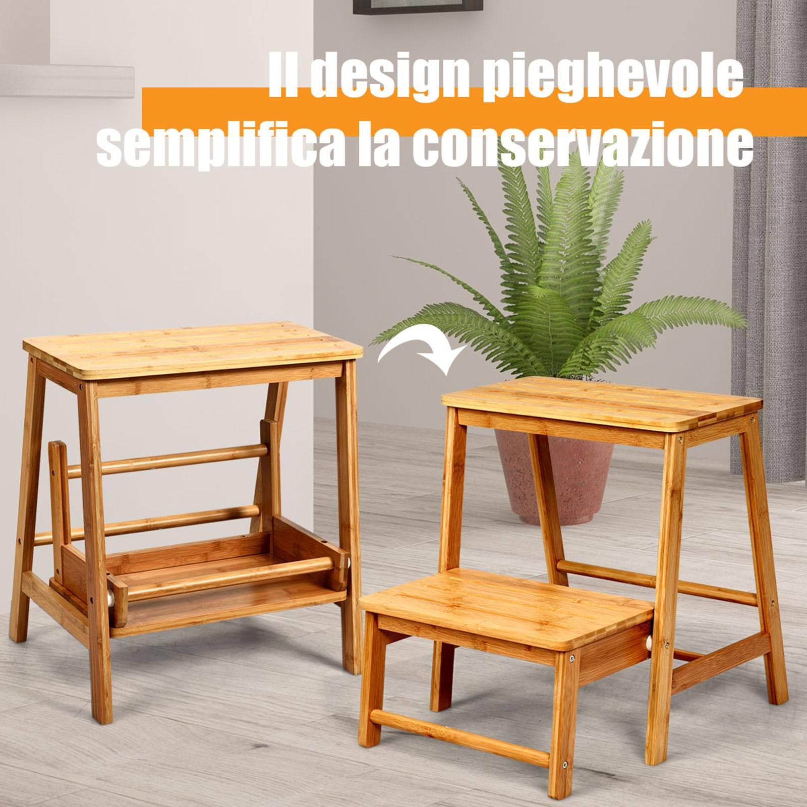 COSTWAY Sgabello Scala in Bambù Sedia Scaletta, Richiudibile Salvaspazio, Portata 100 kg, 45 x 51 x 48 cm (Naturale)