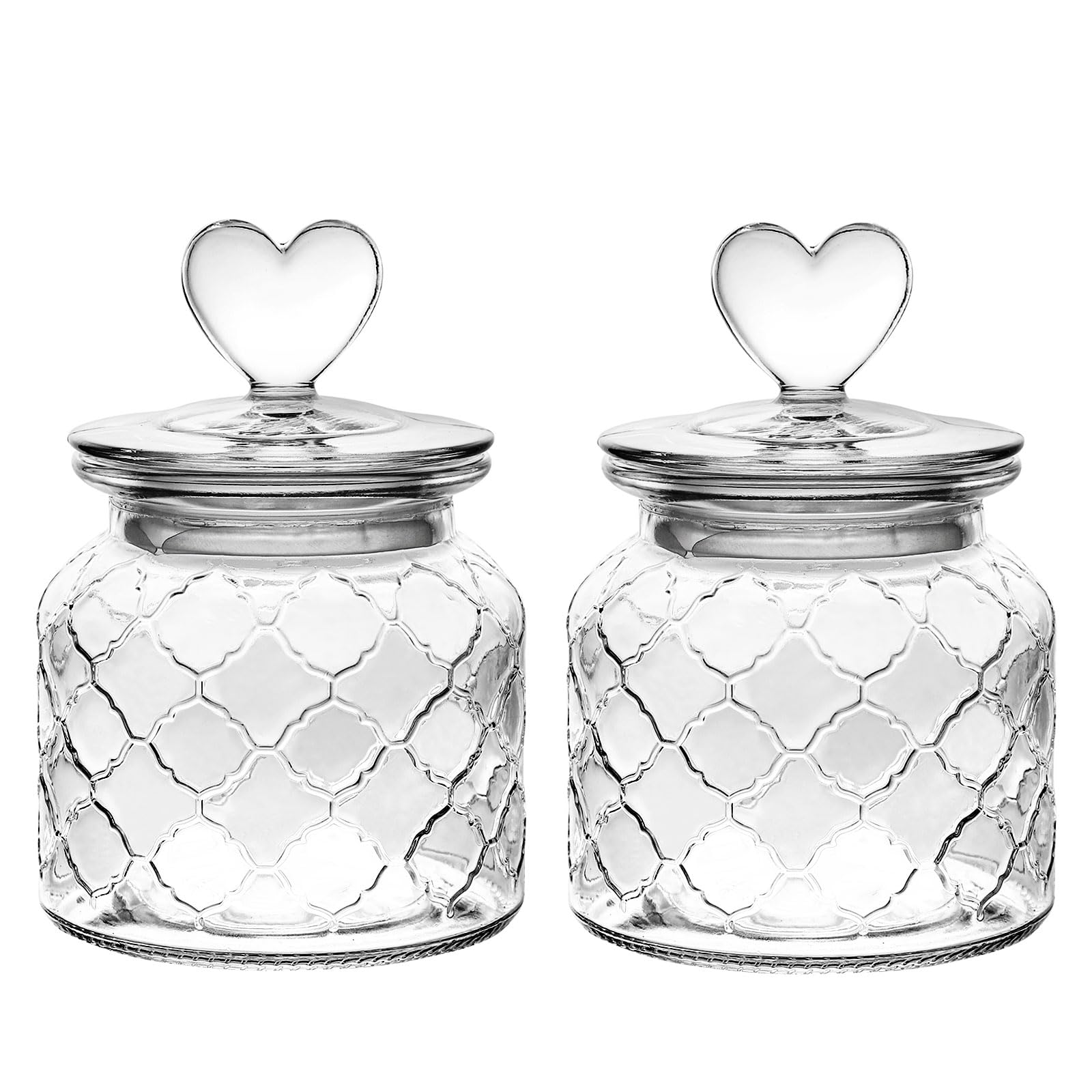 Photo 1 of ? 1 Missing packWHJY Set of 2 Airtight Glass Jars Decorative Jars, 22oz Jar of Hearts Cute Cookie Jar Decorative Jars with Lids Candy Jars for Candy Buffet Heart Shaped Lid (Grid Textured)