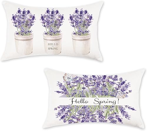 ONWAY Juego de 2 fundas de almohada de primavera lavanda de 12 x 20 pulgadas  12.0 x 20.0 in., diseño de flores florales moradas de granja, fundas