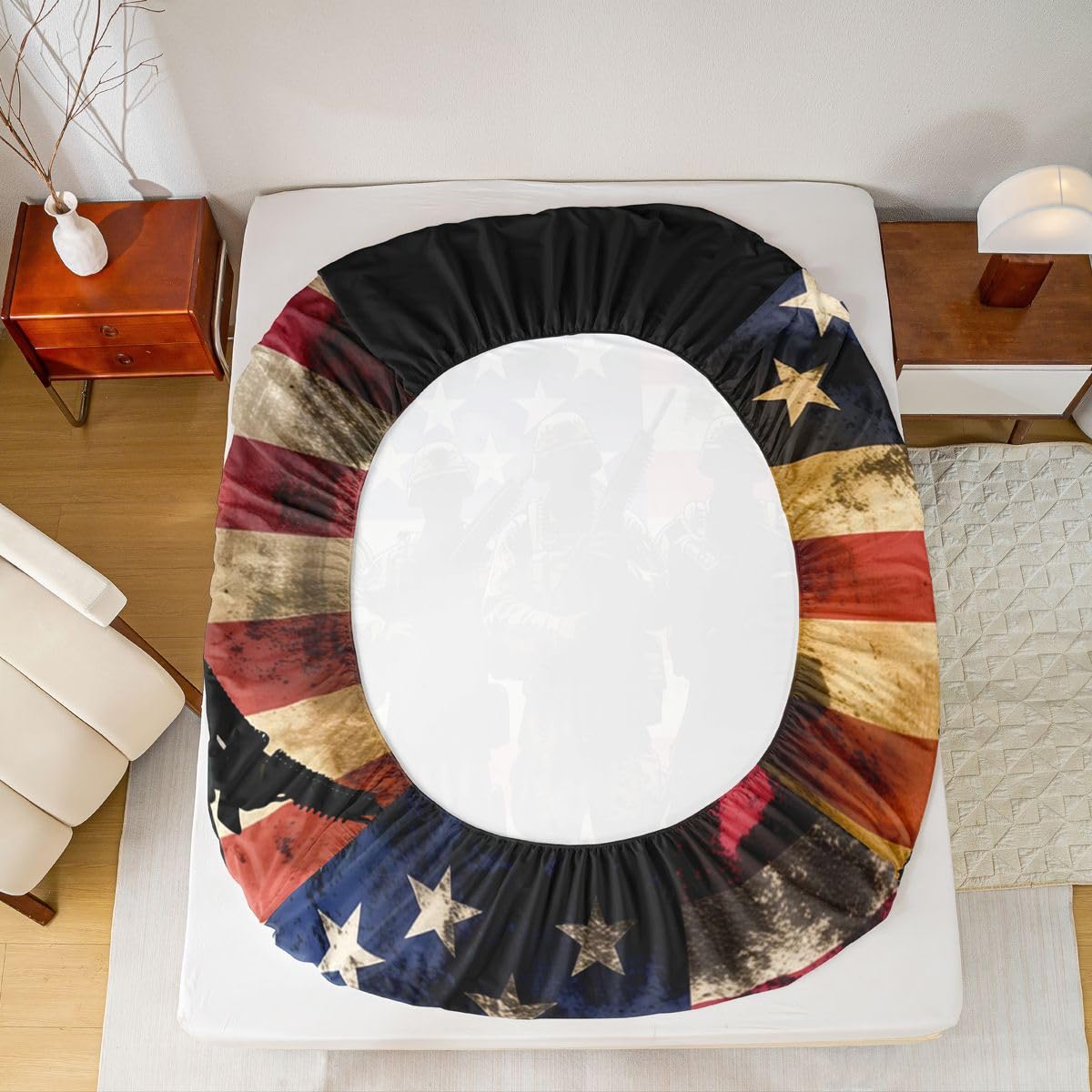 Homemissing Sábana bajera ajustable con diseño de bandera estadounidense, tamaño King, para niños y niñas, con bolsillo profundo de 16 pulgadas, con 2 fundas de almohada, decoración de habitación