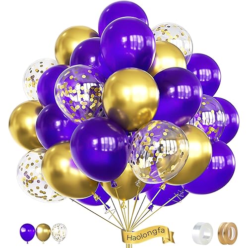 Purple and Gold Balloons,12 Inch 60pcs Purple Balloons with Gold Confetti Balloons,Dark Purple Balloons for Birthday Baby Shower Graduation Wedding Anniversary Festival