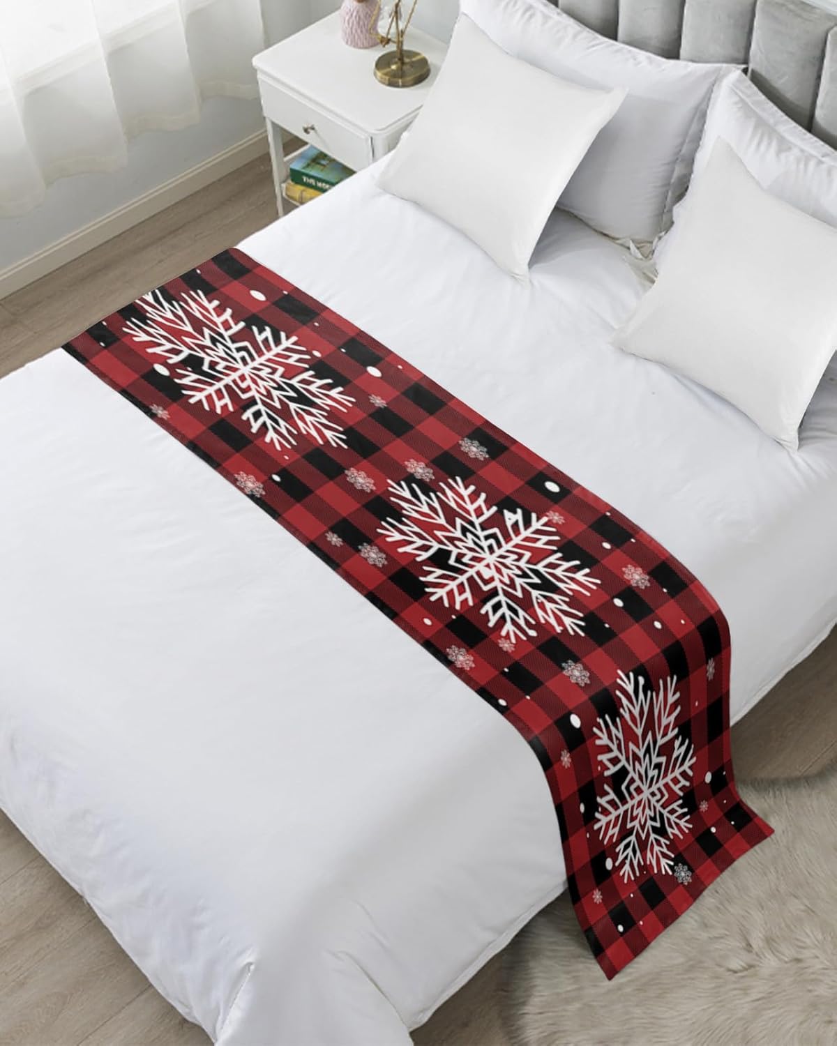 Bed Runner Scarf, Merry Christmas Snowflakes,Buffalo Plaid Red Black King Bed Bedding Scarves Cover Decorative Bed Scarf for Home Hotel Guesthouse Bedroom Wedding Room Guestrooms 94"x20"