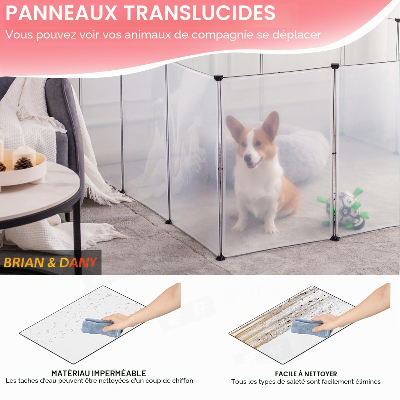 BRIAN & DANY Enclos Lapin Interieur, Enclos Modulable Parc pour Lapins, Cochons d'Inde, Hamsters, Chiot, Cochon, Chaton, 12 Panneaux, 180 x 90 x 75 cm, Fumée