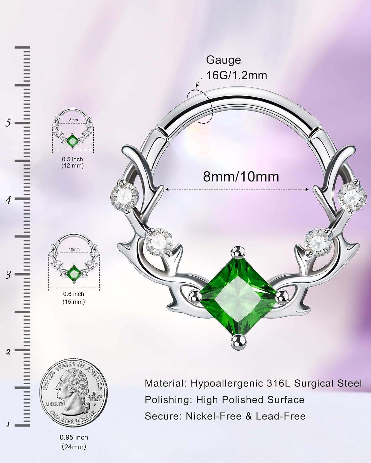 Jewseen Vines Septum Ring 16G Dainty Green Square Diamond Septum Jewelry Stainless Steel Helix Daith Earrings 8MM 10MM Daith Piercing Jewelry Surgical Steel
