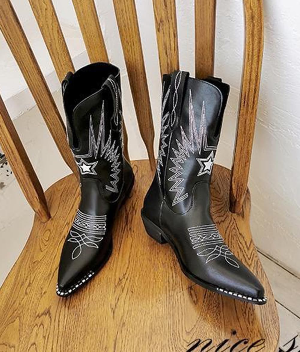 Stivaletti da Cowgirl Occidentali Donna, Stivali Country Casual in Pelle con Punta Tagliata Ricamata retrò, Stivaletti Classici Comodi con Tacco Basso e cuciti,Nero,46 EU