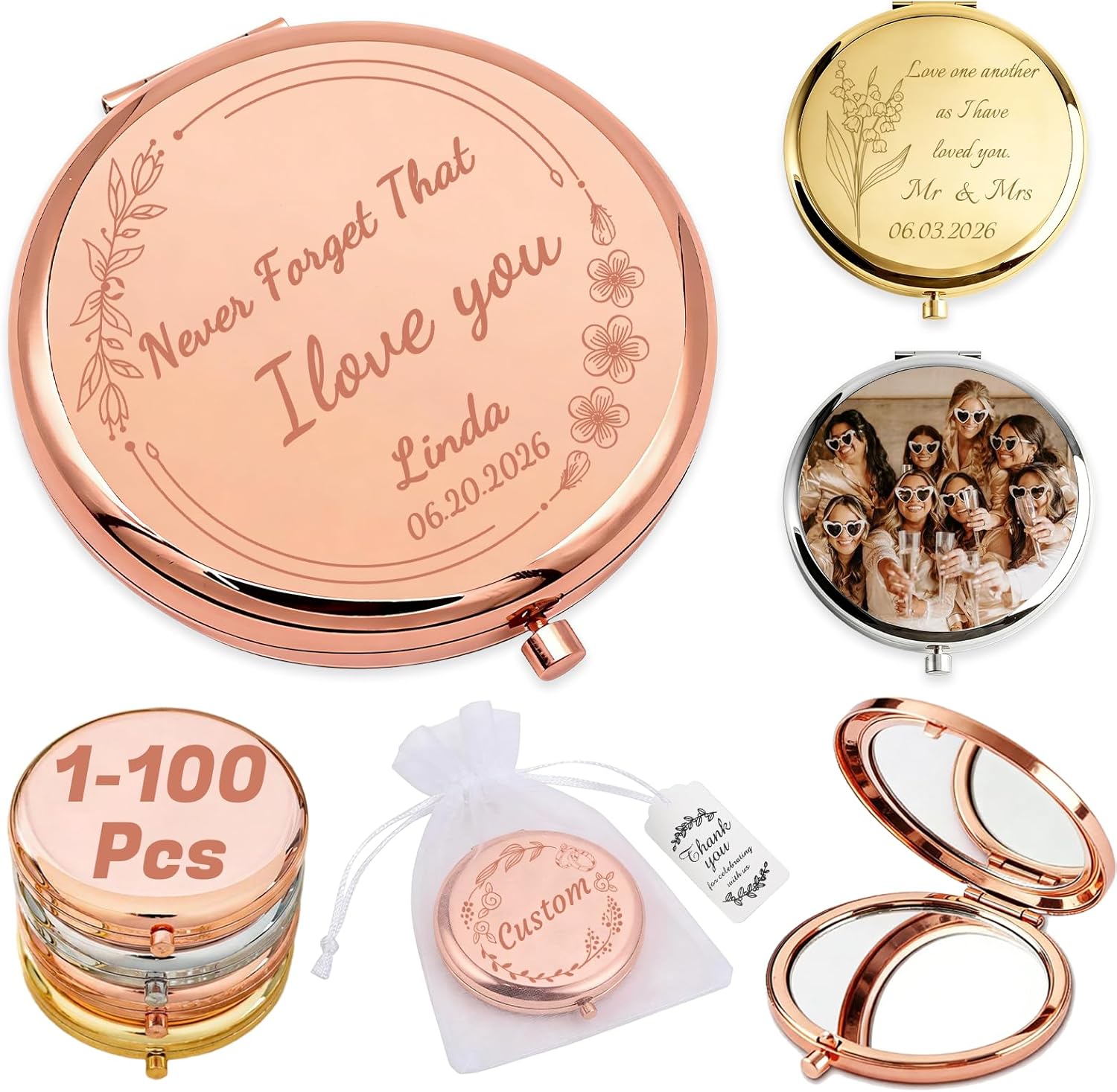 HJX Personalized Compact Mirror Bulk, Custom Pocket Mirror for Women, Small Cute Purse Mirror for Wedding Favors, Bridesmaids, Graduation, Galentine & Sisterhood Gifts (10)