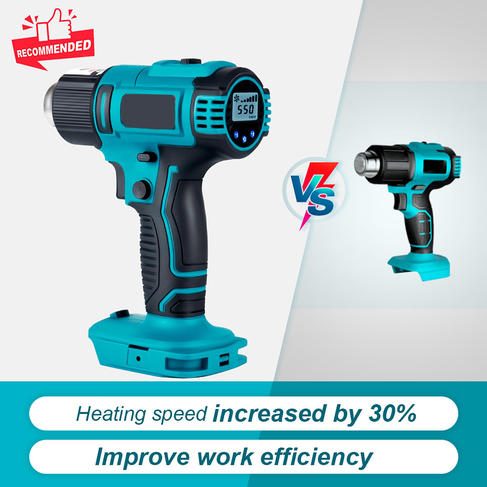 ONEVAN pistola de calor inalambrica, 50-550 ℃ pistola aire caliente para Makita 18V, pantalla LCD digital, decapador aire caliente a bateria incluye 5 boquillas y 2 raspadores (sin batería)