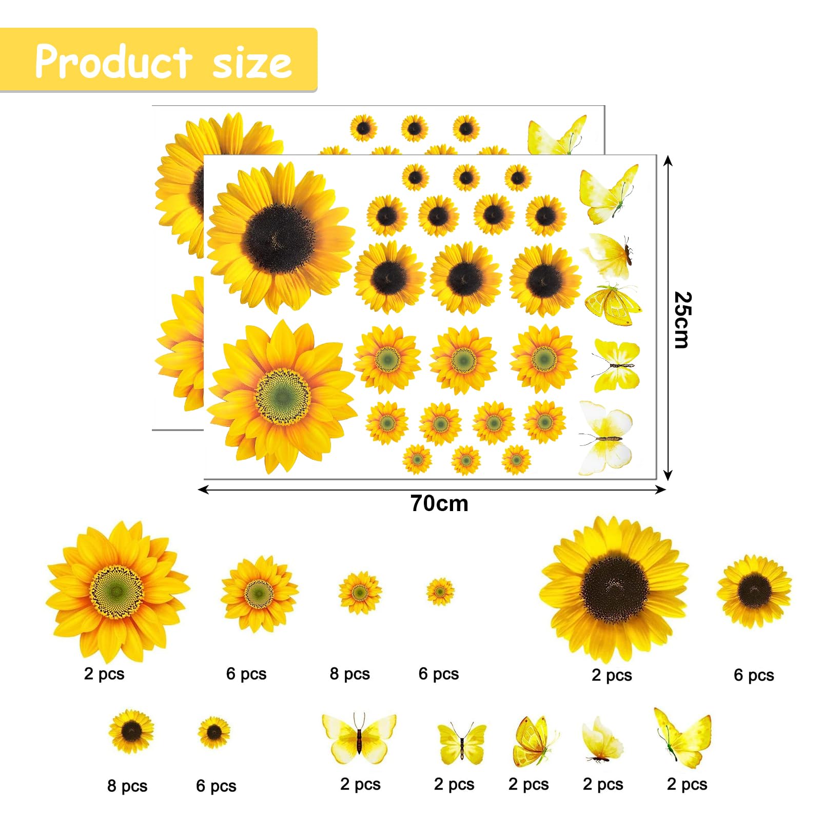 Adesivi Fiori Girasole E Farfalle | 2 Pezzi, Impermeabili | Per Frigorifero, Porte, Pareti - Foto 7
