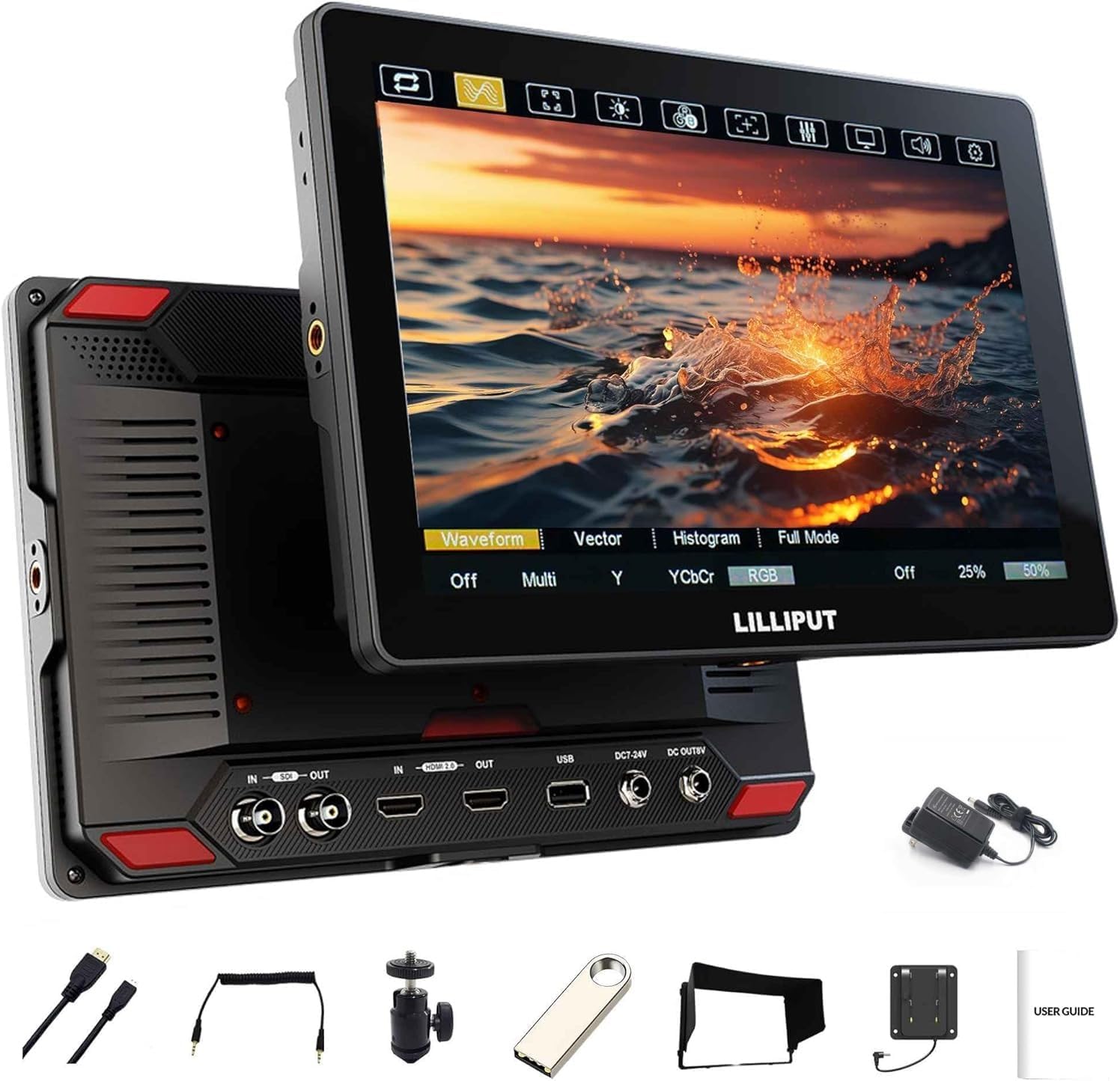 Lilliput HT10S 10.1 Inch Camera Monitor Ultra-Bright 1500 Nits 1920 * 1200 HDMI 2.0 Touch Screen 3G-SDI up to 2160P 60HZ 50000h LED Lance Cable Control with Power Adapter