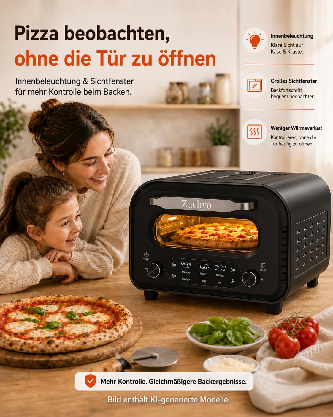 Elektrischer Pizzaofen - bis 450℃, 5 voreingestellte Pizzaarten, 1-60 Min Timer, Touchscreen & Drehregler, Edelstahlgehäuse, für 32cm Pizza, inkl. Pizzastein, Pizzaschieber, Rezeptbuch, Schwarz,HF1201