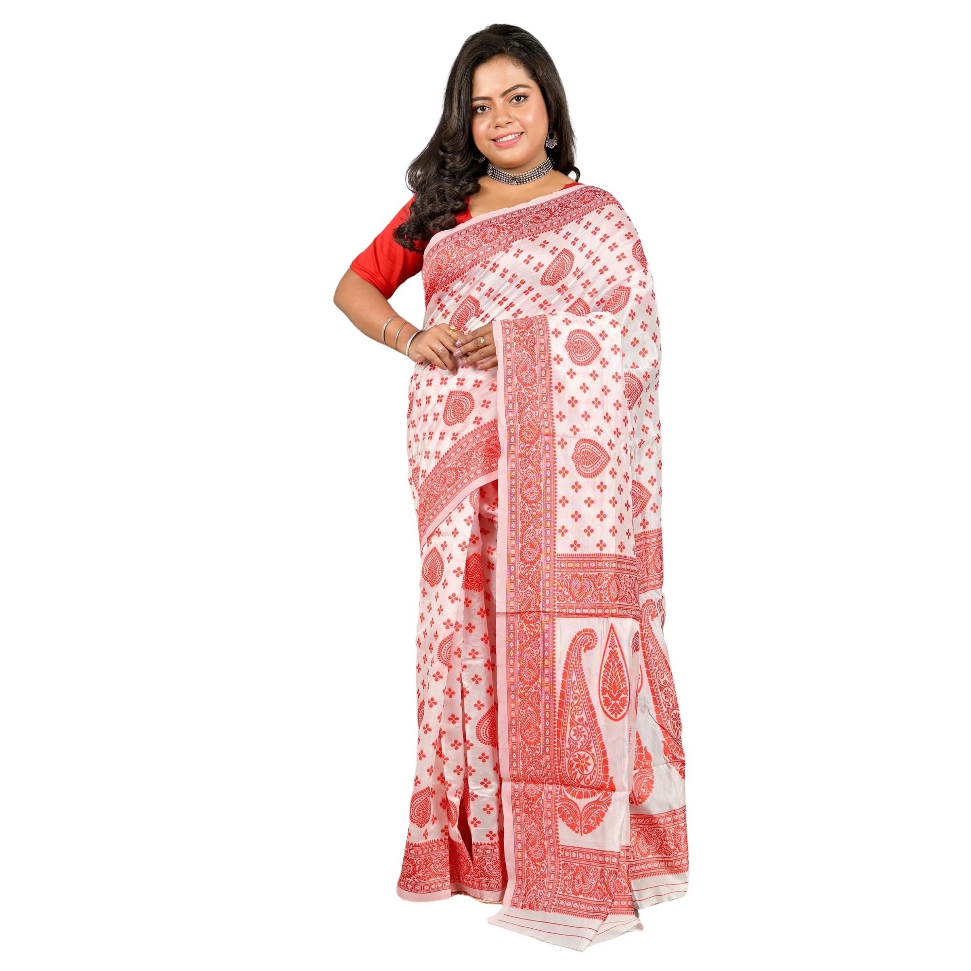 Paisley, Embroidered, Floral Print Handloom Cotton Silk Saree (White, Red)-image-19