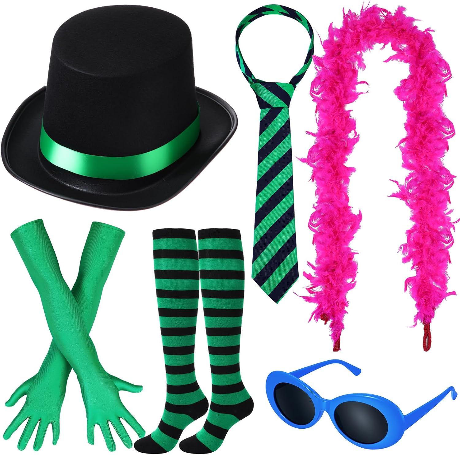 JenPen 6 Pcs Halloween Costume for Women Hat Stripe Tie Sunglasses Feather Boas Gloves Socks for Cosplay Party