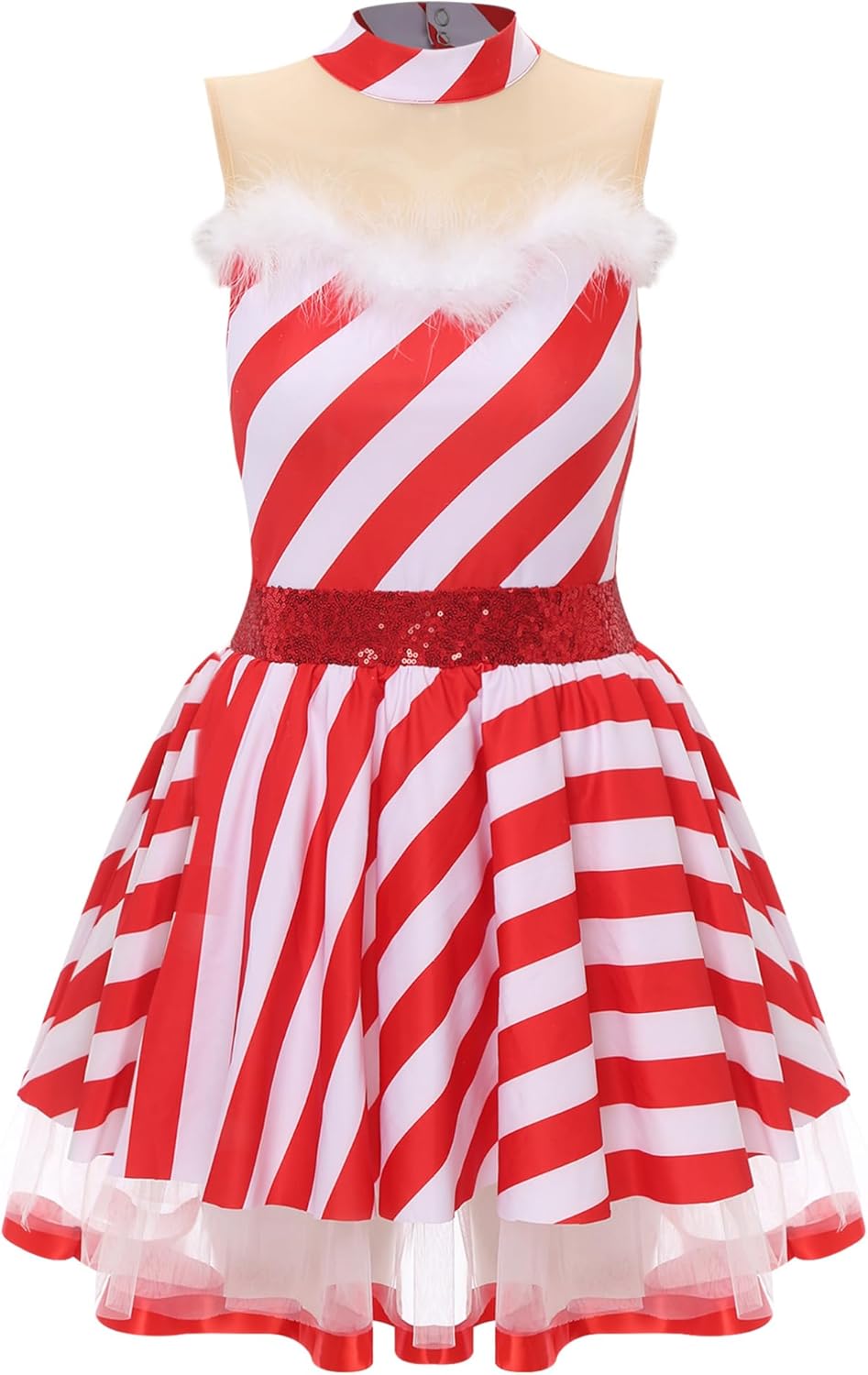 Women Sleeveless Dance Figure Skating Bodysuit Tutu Dress Christmas Party Candy Cane Costume