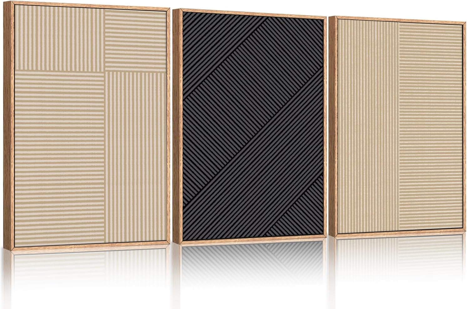 KAIRNE Modern Minimalist Wall Art Set of 3, Beige and Black Striped Geometric Prints with Wood Frame, Abstract Textured Wall Decor for Living Room, Bedroom, Office - 24x36 inch Minimalist Line 24"L x 36"W