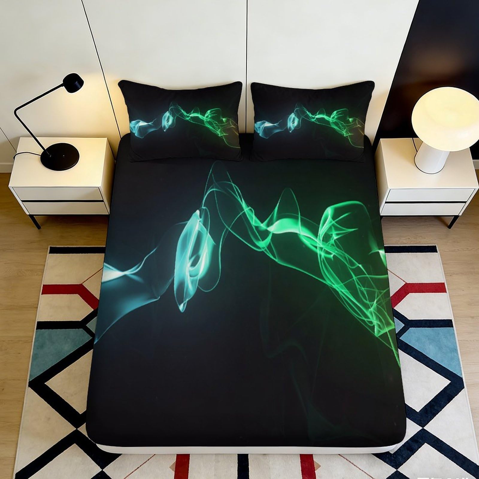 3D Printed Neon Smoke Fitted Sheet Microfiber Soft Breathable Abstract Wave Mattress Cover for Bedroom Dorm Decor 160x200x25cm