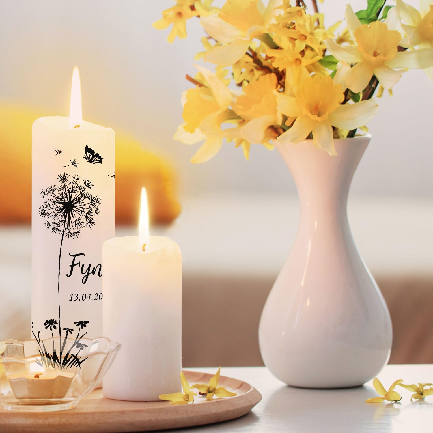 Candela Personalizzata GRAVURZEILE 25x8 Cm | A Forma Di Leone Farfalla Con Nome E Data | Per Battesimo, Comunione, Funerale, Ricordo