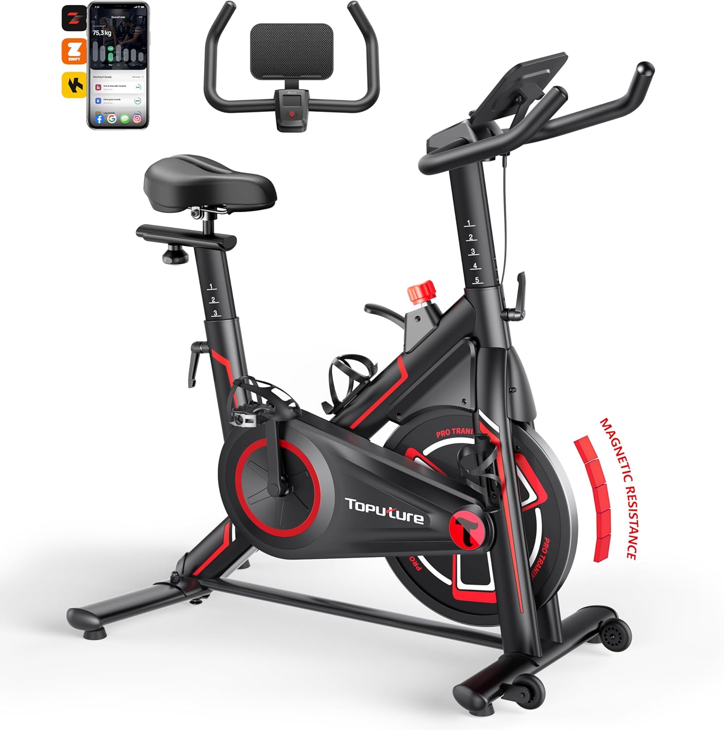 Toputure TEB1 Exercise Bike with icons for Z-Sport, Zwift, and Kinomap apps, indicating app connectivity.