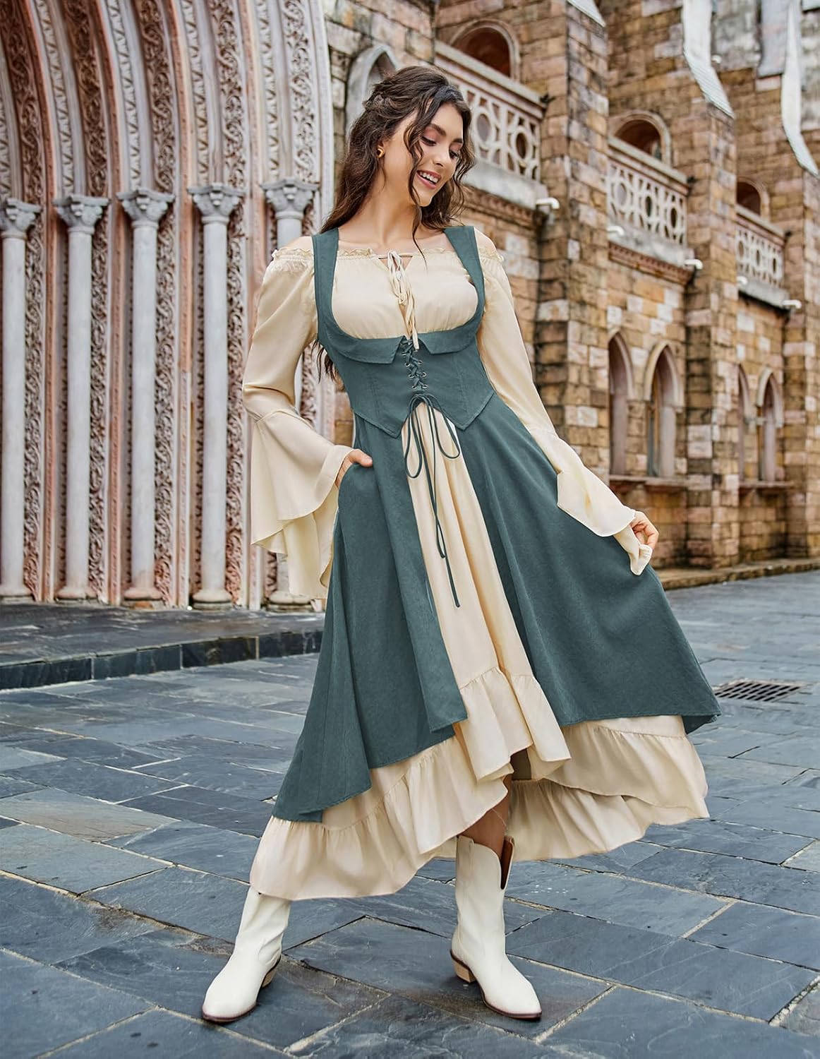 SCARLRT DARKNESS Women Renaissance Costume Underbust Pirate Peasant High Low Dress with Pockets