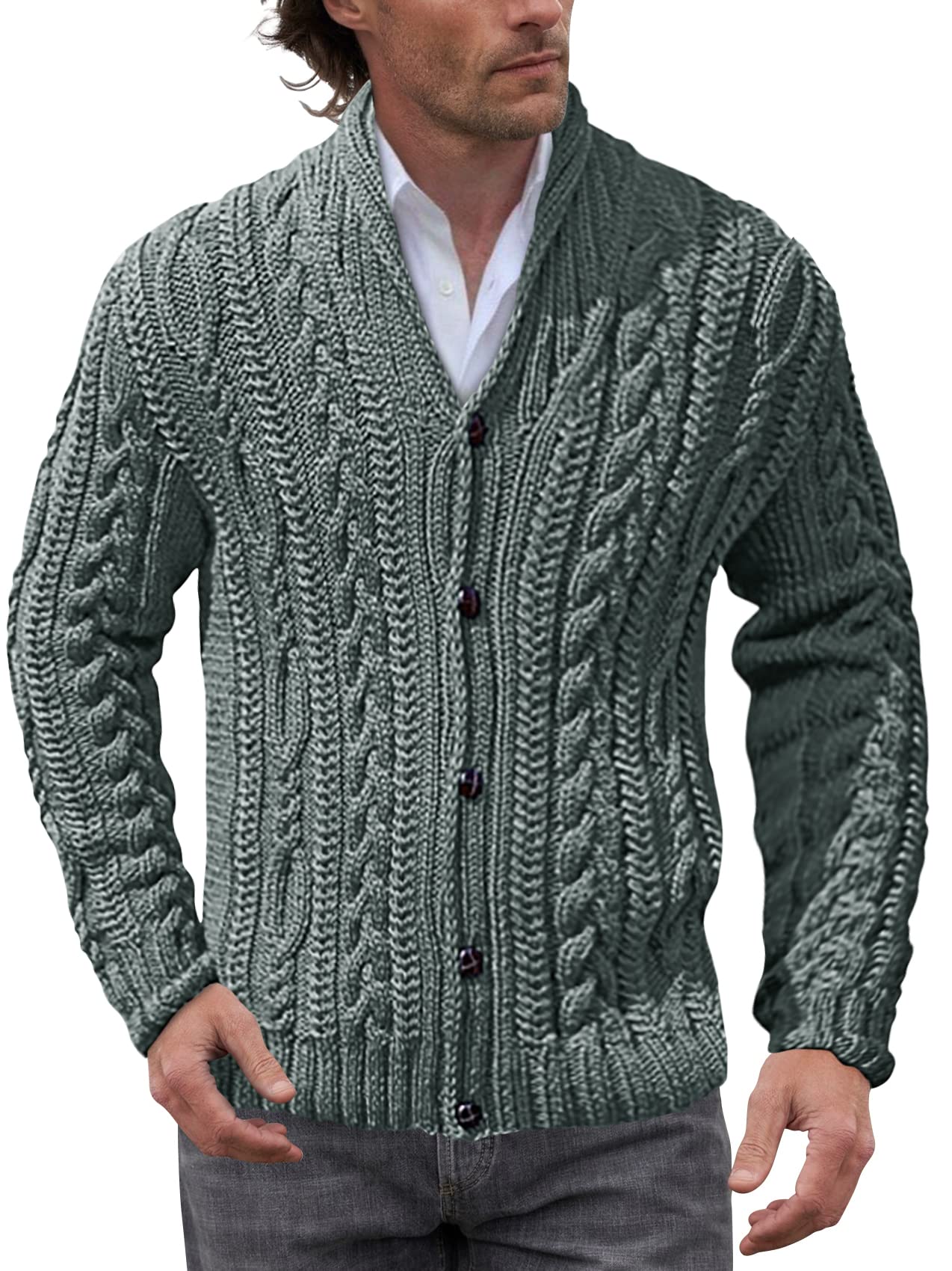 Meishier Mens Shawl Collar Cardigan Sweater Cable Knit Button Down Slim
