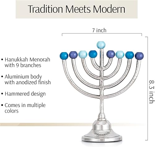 Miniatura 3 de Menorá infantil para Hanukkah, diseño contemporáneo con cuerpo de aluminio, 9 ramas pintadas a mano, menorá de Janucá judía - para niño o niña