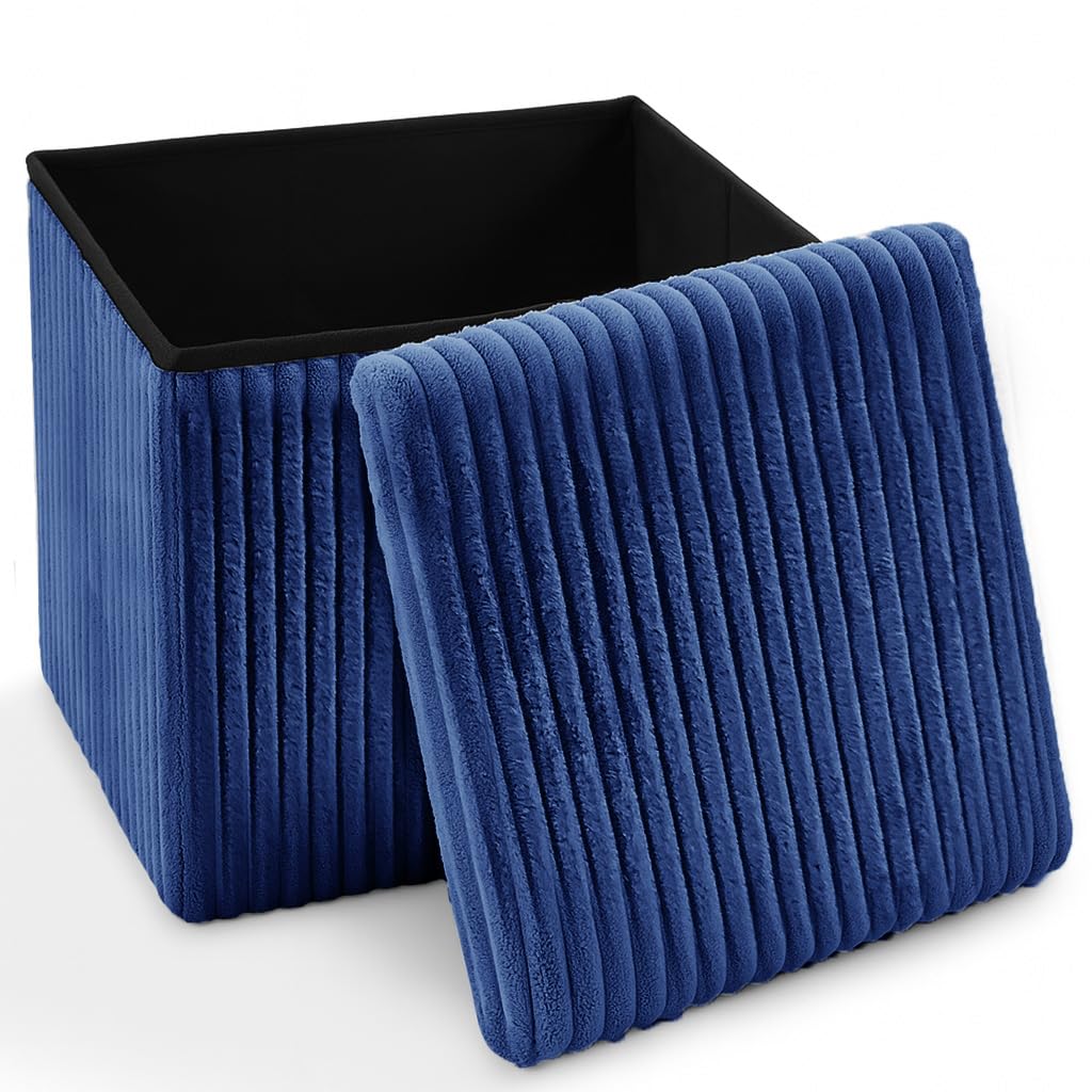Home Republic Corduroy Ottoman Storage Box – Foldable Footstool with Lid – Soft Toy Chest Bench for Kids Room, Nursery, Bedroom or Living Room (Navy Blue, 38 x 38cms)