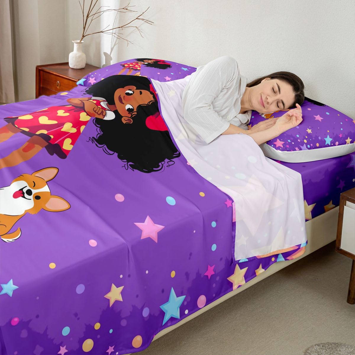 Homewish Kreskówka czarne dziewczęce prześcieradła podwójne koloful gwiazdy nadruk zestaw pościeli śliczne kropki zestaw pościeli - Kawaii łuk pies dopasowane płaskie prześcieradła 4 sztuki