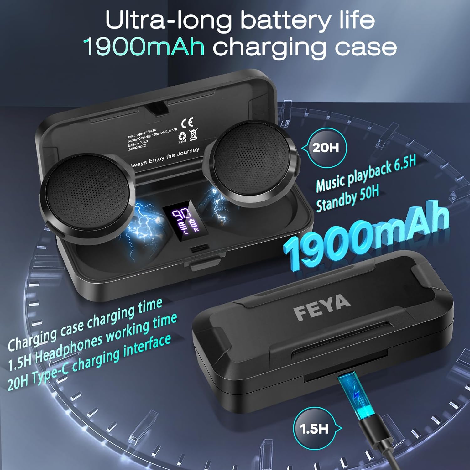 Motorcycle Helmet Headset with Remote Control - No Installation True Wireless Helmet Speakers with Charging Box, 50+ Hours Work Time Headsets LED Display for Outdoor Sports Skiing/Motorcycle - Black