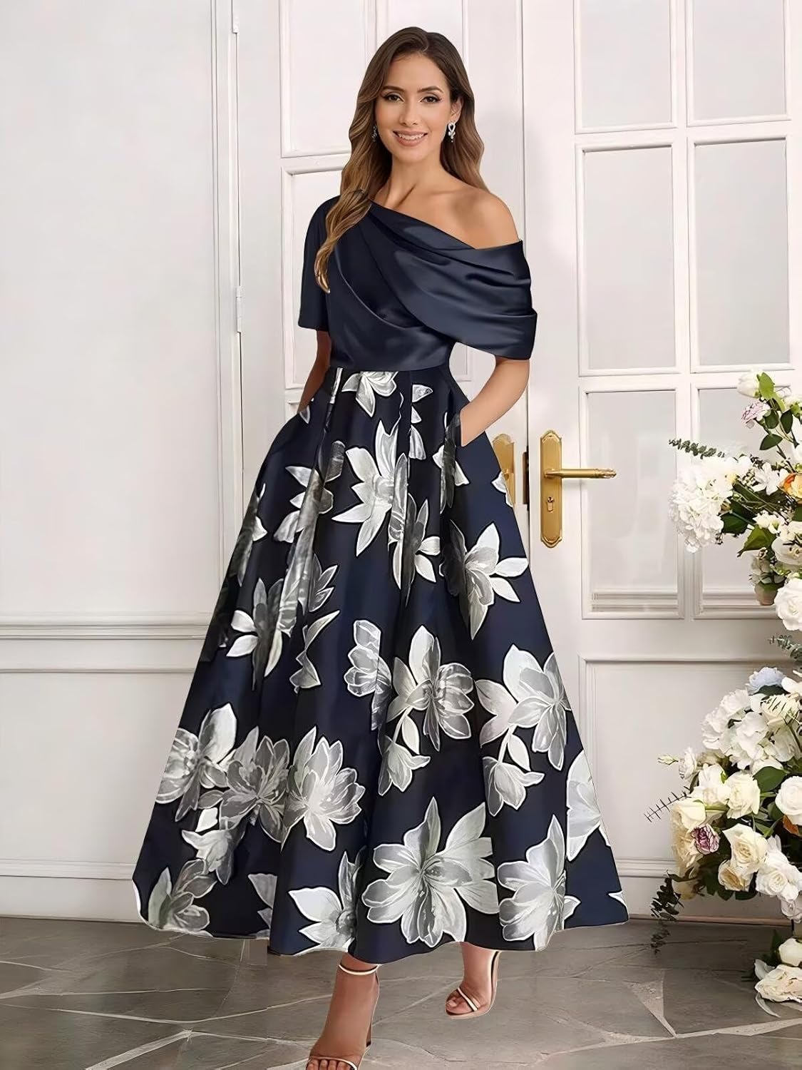 Tea Length Satin Mother of The Bride Dresses for Women One Shoulder Formal Evening Gown with Pocket Wedding Guest - Image 3