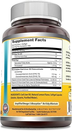 Miniatura 10 de Amazing Omega - Suplemento de cápsulas blandas de aceite de hígado de bacalao noruego de 1250 mg  Omega-3, EPA, DHA, vitamina A, vitamina D y