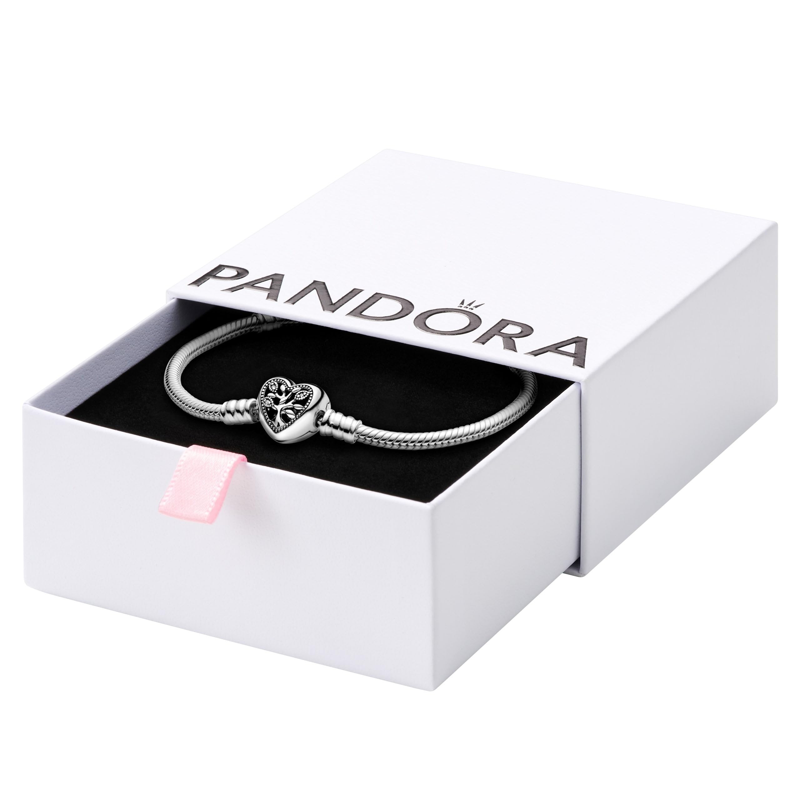 PANDORA Snake chain sterling silver bracelet and heart clasp with