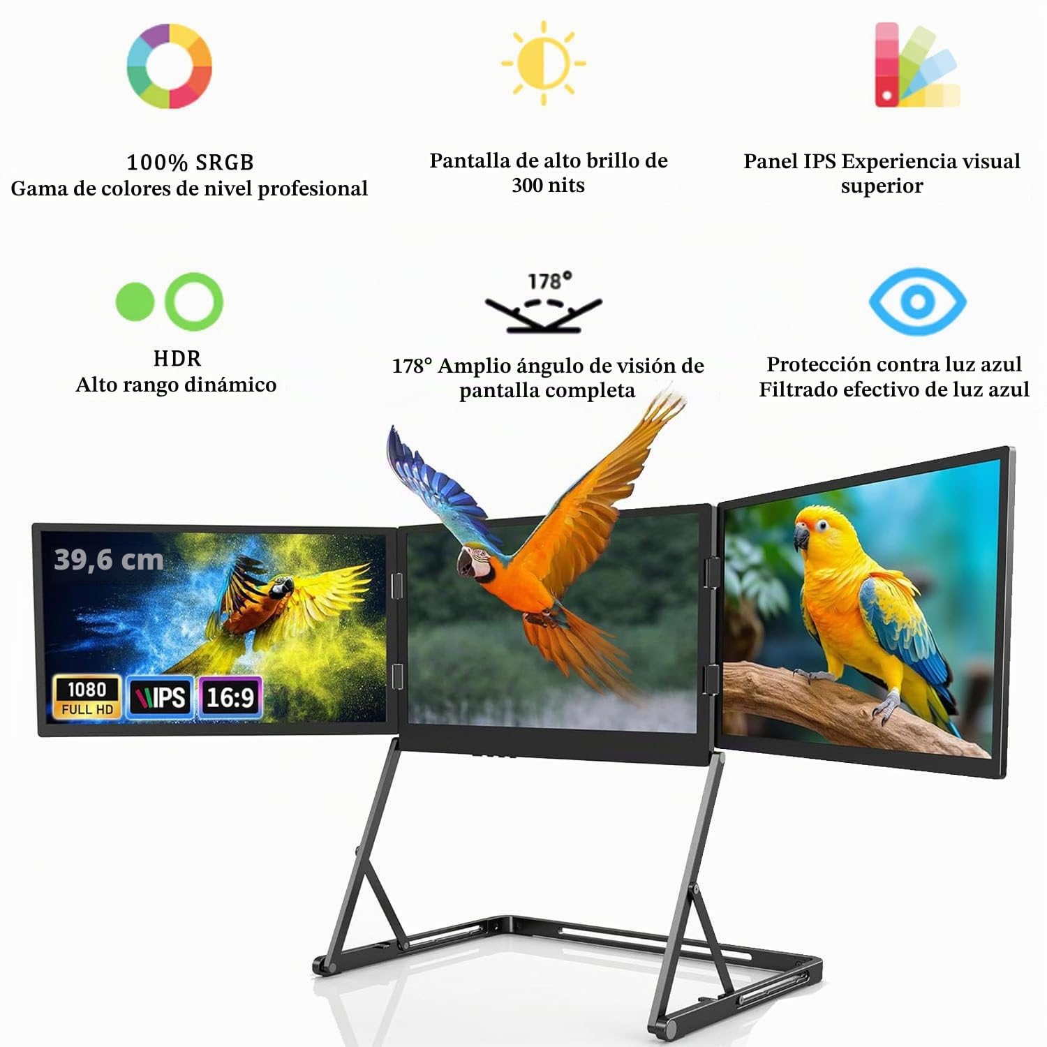 Monitor Pro MAX de 15.6" con Pantalla IPS Full HD de 1080p, Triple Monitor portátil para portátil, rotación de 360°, ángulos de visión Ajustables, USB C-C1, USB C-C2 y HDMI-Mini-HDM.