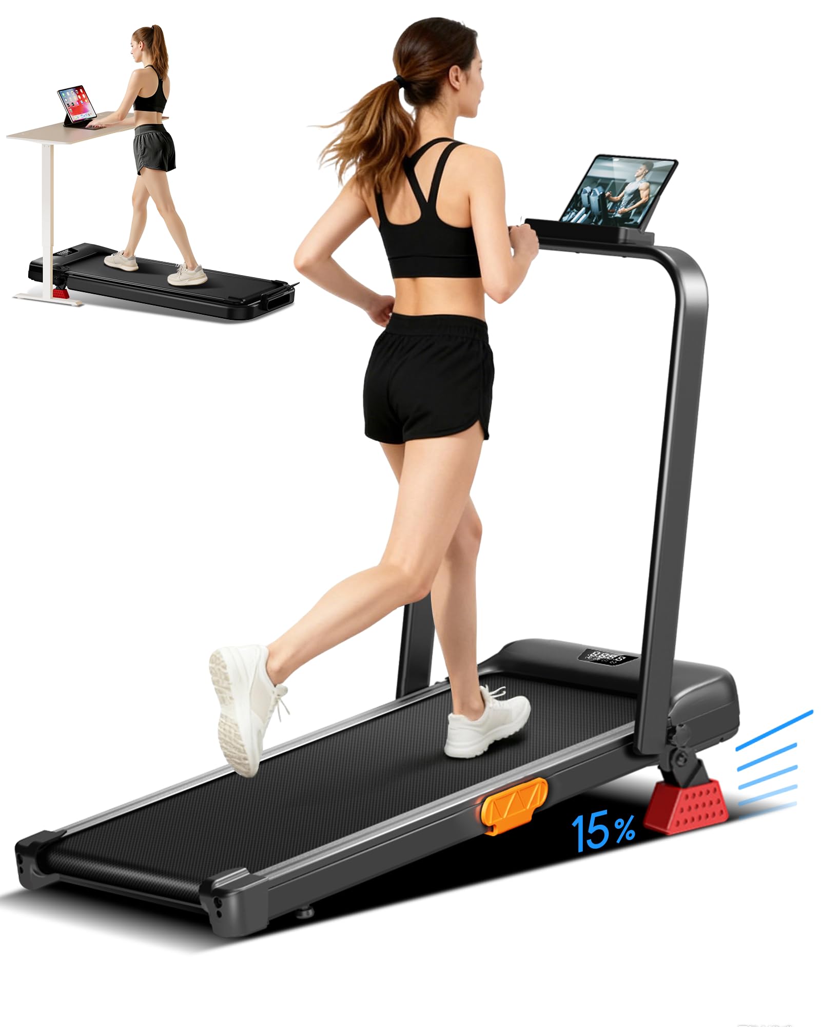 Walking Pad with Incline 15%, Under Desk Treadmill with Handle