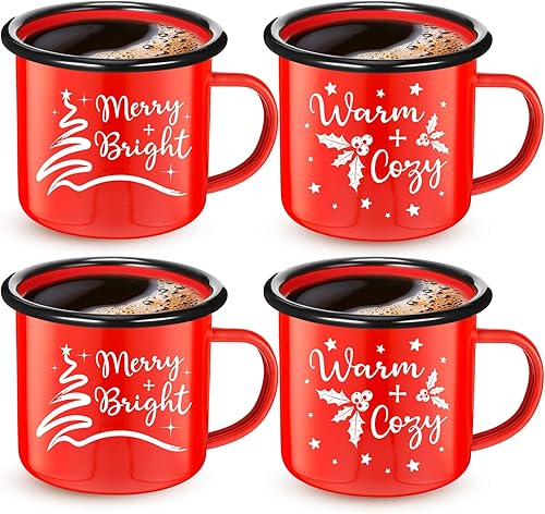 Paquete de 4 tazas esmaltadas para regalos de Navidad, tazas de té esmaltadas cálidas y acogedoras, tazas de café alegres y brillantes, tazas de