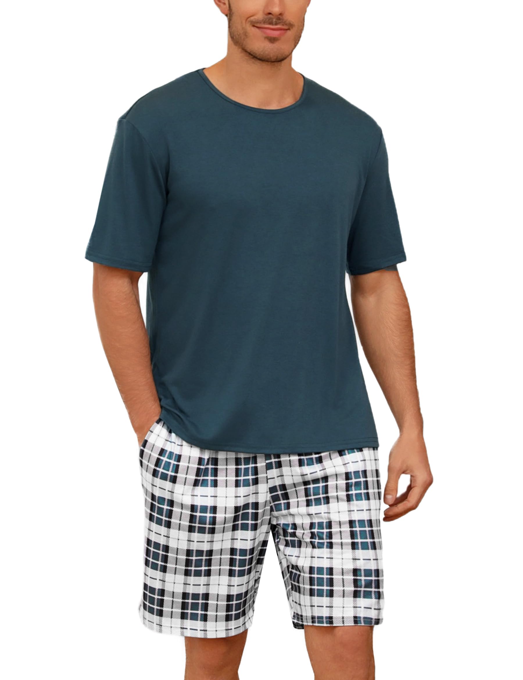 Uniexcosm Schlafanzug Herren Baumwolle Kurz Zweiteiliger Pyjama Set Nachtwäsche Kurzarm Oberteil und Karierte Schlafanzughose Hausanzug Sleepwear