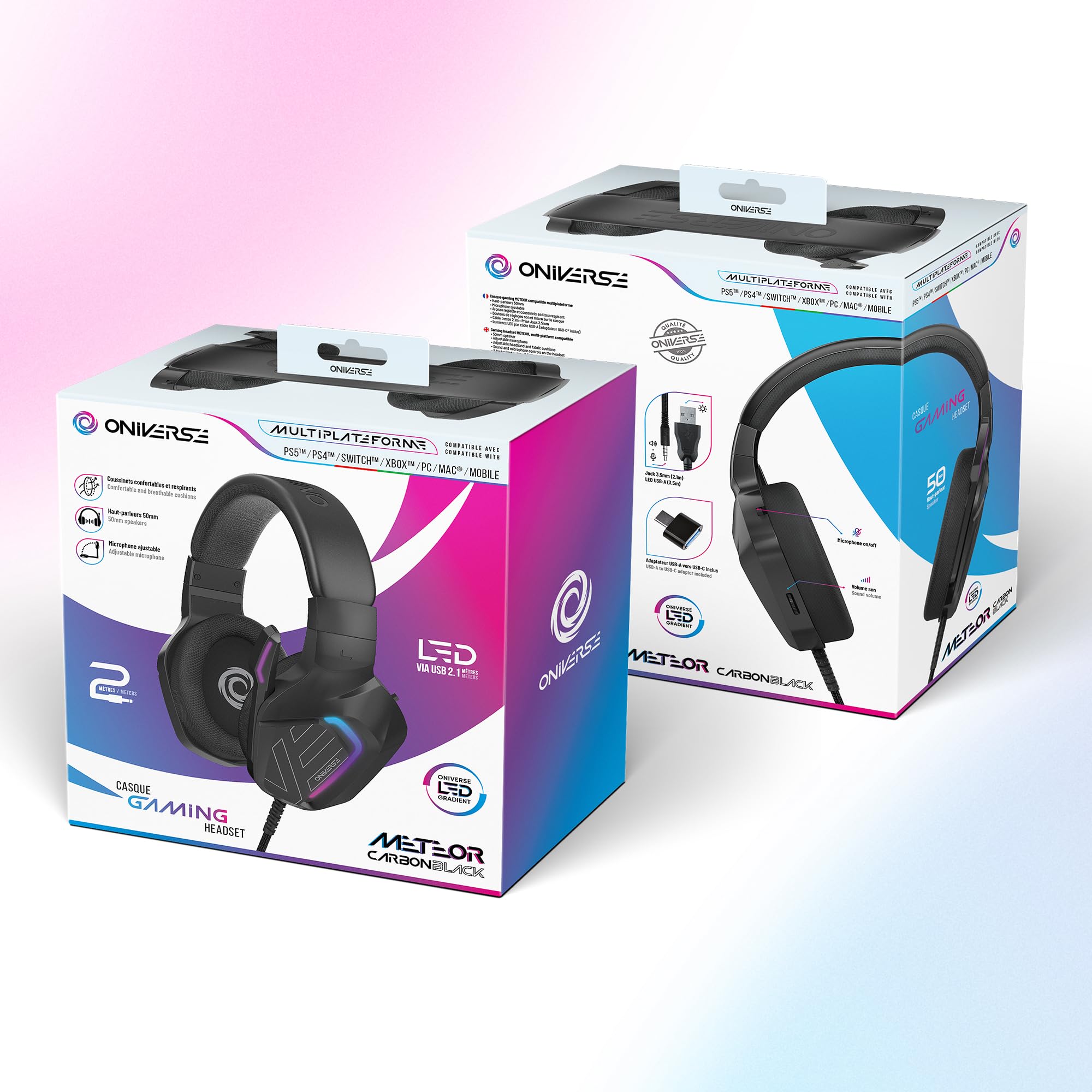 Oniverse - Auriculares para juegos con cable con micrófono ajustable, compatible con PS5 PS4 Switch Xbox PC Mac, Auriculares LED para gamer, altavoces de 50 mm, cómodos y transpirables, con cable Jack