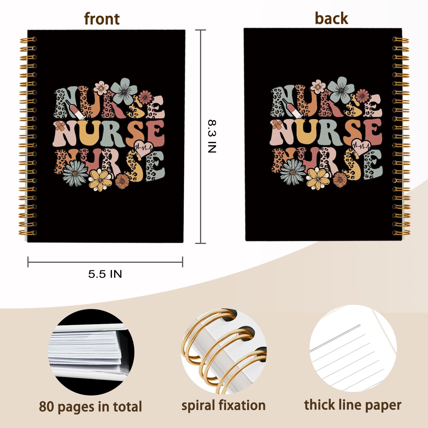 QUICQOD Cuaderno de tapa dura con espiral para notas de trabajo, regalos de agradecimiento para enfermeras, regalos de graduación para estudiantes de enfermería, diarios de lectura negros para
