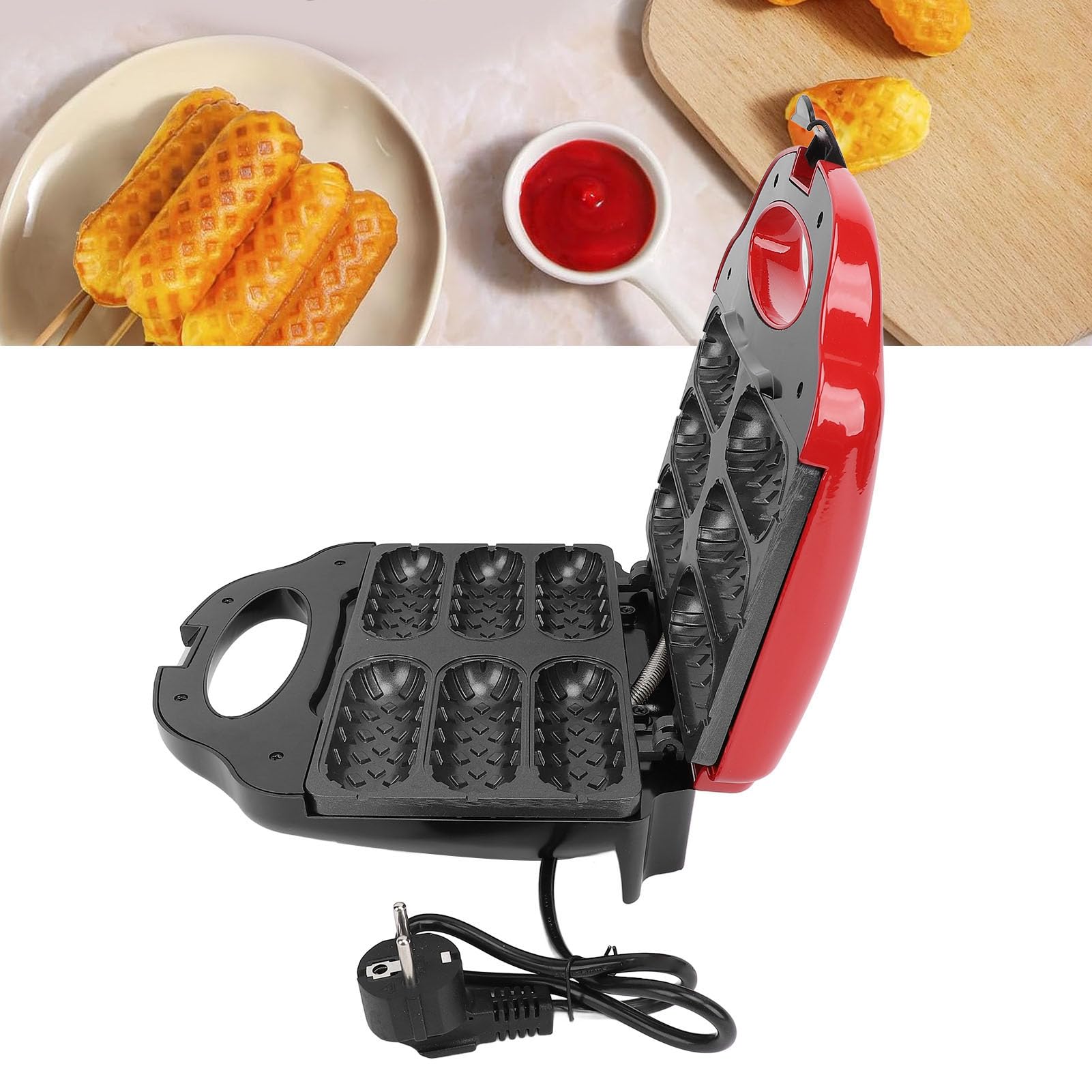 Gaufrier à Corn Dog / Gaufres Sucettes - 6 Empreintes - Température Réglable 50-220°C - Revêtement Teflon - 1550W - Inox - Usage Professionnel