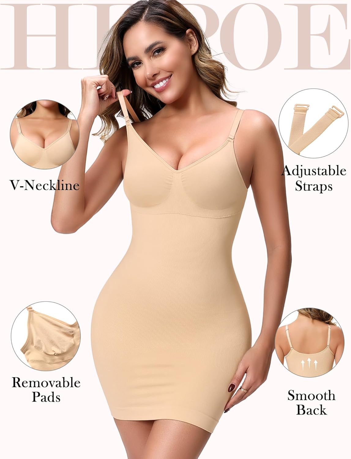 Shapewear Slip for Women Under Dress, V Neck Tummy Control Full Dress Slip, Built in Bra Body Shaper - Image 3